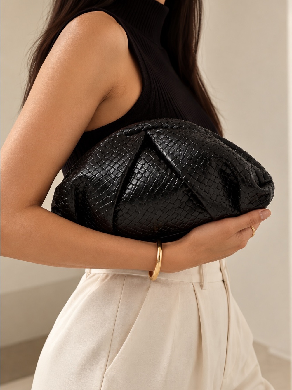 Black Woven Leather Pouch Clutch Bag Minimalist Sculptural Evening Handbag